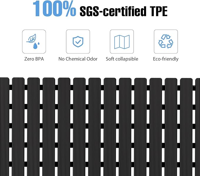Shower Mat Non-Slip Bath Mat for Tub and Shower Stall,200+ Suction Cups with Drain Holes, Quick Dry Machine Washable, Extra Grip for Stand Up Showers, Bathroom Essentials 24x24 Inch(Black)