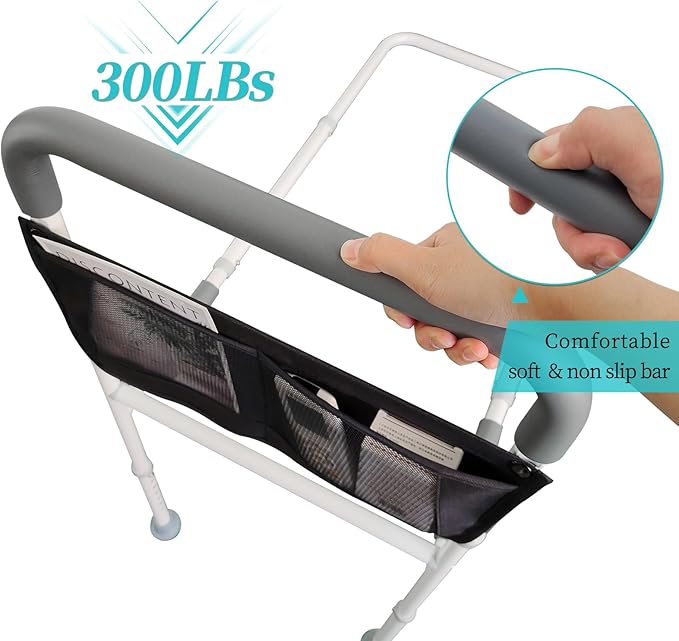 AOHHL Bed Rails for Elderly Adults Safety with Adjustable Heights Storage Pocket Assist Support Side Railings for Seniors Citizens Slides Under Mattressbed Cane Bed Handles Bars (Light Grey)