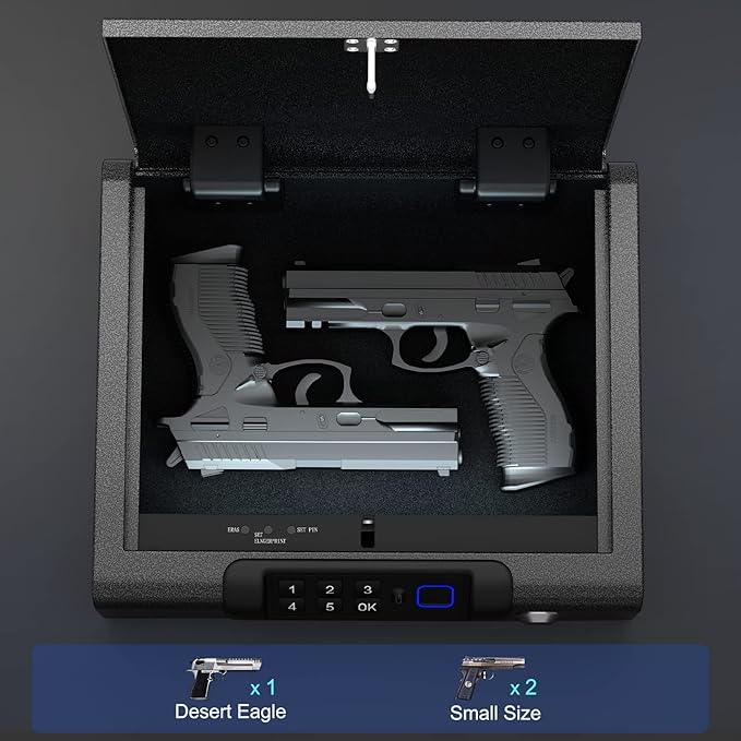 Biometric Gun Safe for Pistols 3-Ways unlock Fingerprint Digital PIN Key Unlock Handgun Safe with Sound, Lock box for Cloakroom living room Bedroom Nightstand and Car BILLCONCH