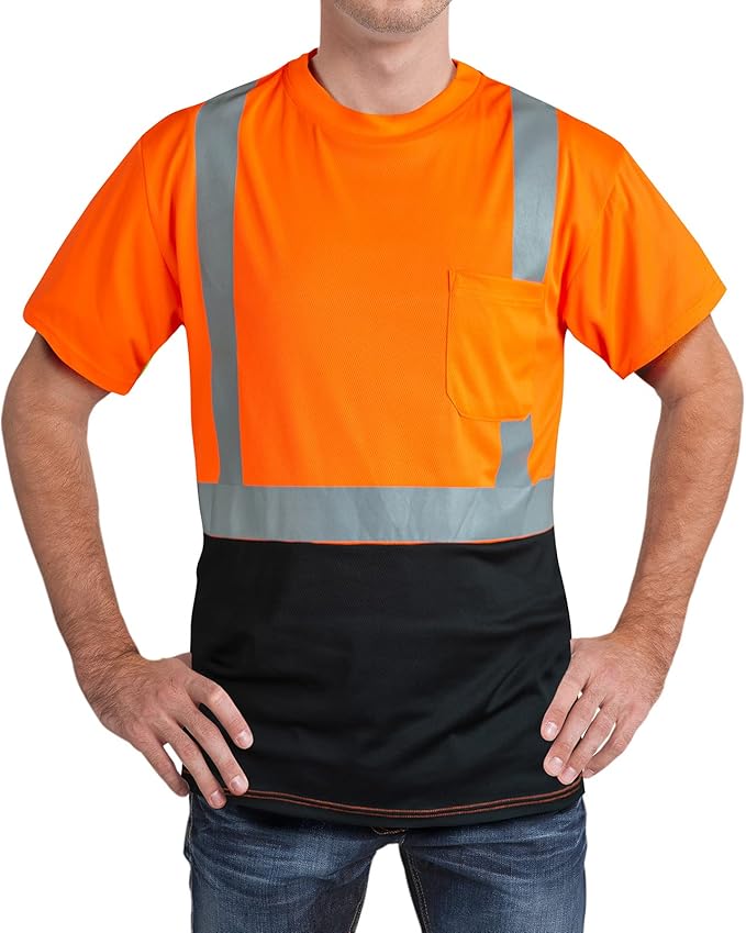 High Visibility Shirts Quick Dry Safety T Shirts with Reflective Strips and Pocket Short Sleeve Mesh Hi Vis Construction Work Class 2 Shirt for Men/Women Black Bottom Orange,XL