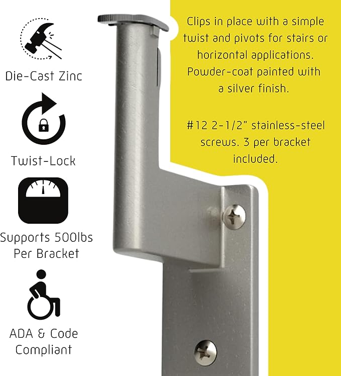 Promenaid 7ft Flush Handrail Kit - Silver - Complete Indoor/Outdoor Handrail for Stairs - 1.6" Round Anodized Aluminum Railing with 3 Silver Painted Pivoting Wall Brackets & Flush Endcaps