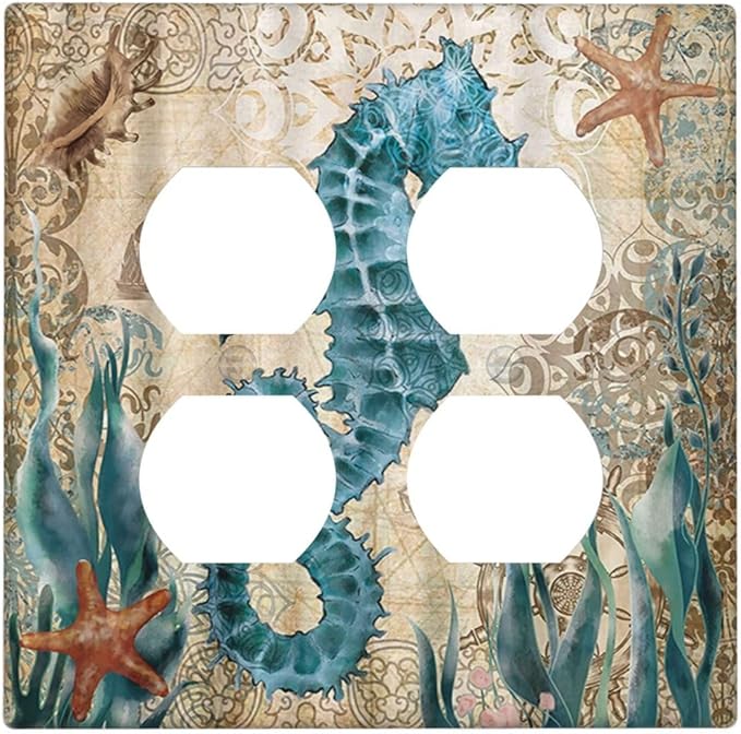 Hippocampus Funny Blue Ocean Creature Outlet Covers 2-Gang Duplex Light Switch Cover Plate Decorative Gfci Wall Plate Electrical Receptacle Switch Plate Covers Plug Faceplate for Bedroom Decor