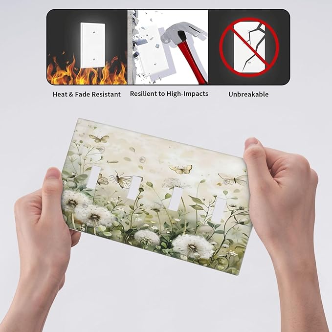 Dandelions Butterflies Watercolor Wildflowers Floral Light Switch Covers Quad Toggle Electrical Faceplate 4 Gang Wall Plate Decorative Switch Plates Cover for Bedroom Living Room Decor