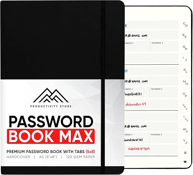 PRODUCTIVITY STORE Best Password Book With Alphabetical Tabs | Password Book, Organizer & Notebook | Password Keeper To Keep Website Logins & Passwords Safe | Black | Medium 5x8