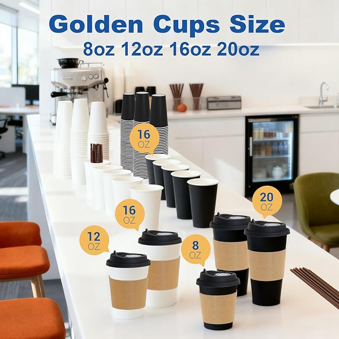 16 oz 50 Pack Coffee Cups with Lids and Sleeves, Straws, Hot Disposable To Go Travel Paper Cups Bulk for Office, Home Coffee Bar Accessories, Chocolate, Cocoa, Beverage (White)