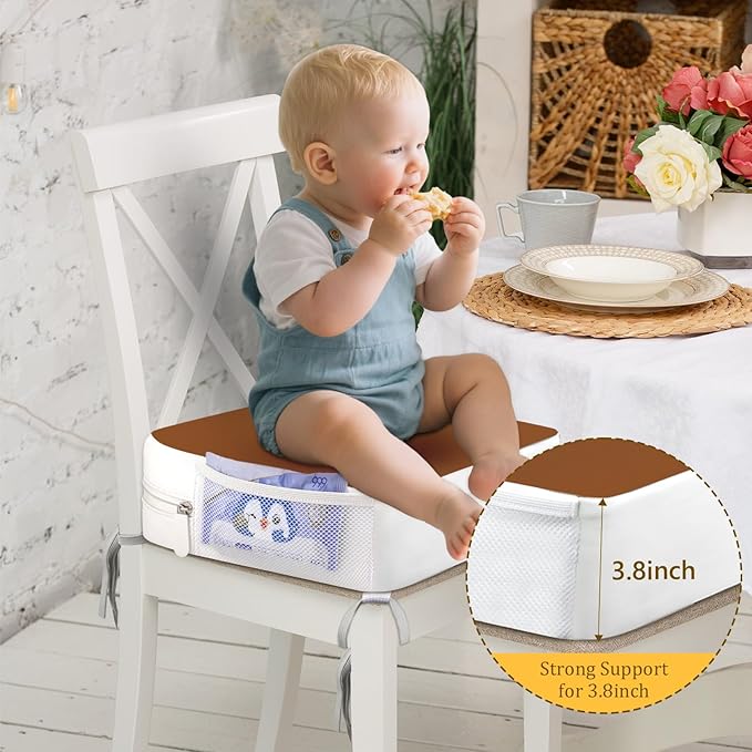 Booster Seat for Kitchen Chair - 4-Point Anchor 3.8" Lift Toddler Booster Seat for Dining Table with Side Pockets, Non-Slip & Portable Dining Cushion for Kids (Brown)