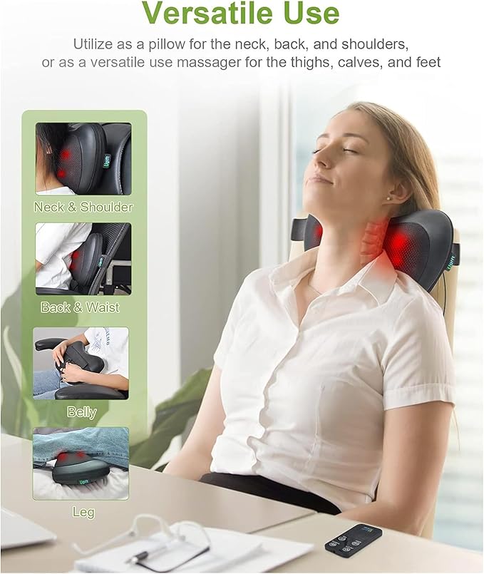 Ugift Back Massager Pillow with Remote Control -Deep Tissue Neck Massager with Heat and Shiatsu Kneading for Shoulder Leg Foot Body Pain Relief -Massage Pillow for Home Car Office Gifts for Women/Men