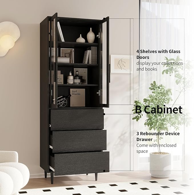 TUSY 70.9“ H Bookshelf with Glass Doors, 5-Tier Display Curio Cabinet with Drawers, Narrow Display Bookcase for Home, Office, Clinic, Pantry (Black, B)