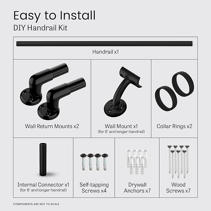Meranti Aluminum Handrail for Stairs - ADA Compliant Wall Returns - Handrails for Indoor Stairs - Metal Handrail, Powder Coated for Outdoor Environment, DIY Handrail Kit (WHR, Black Textured, 8' L)