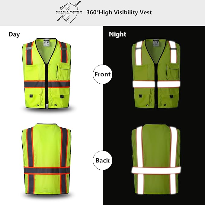 SKSAFETY Professional Class 2 High Visibility Safety Vest With Zipper - 10 Pockets, Reflective Strips, ANSI/ISEA Standard, Construction Work (Lime, 5XL)