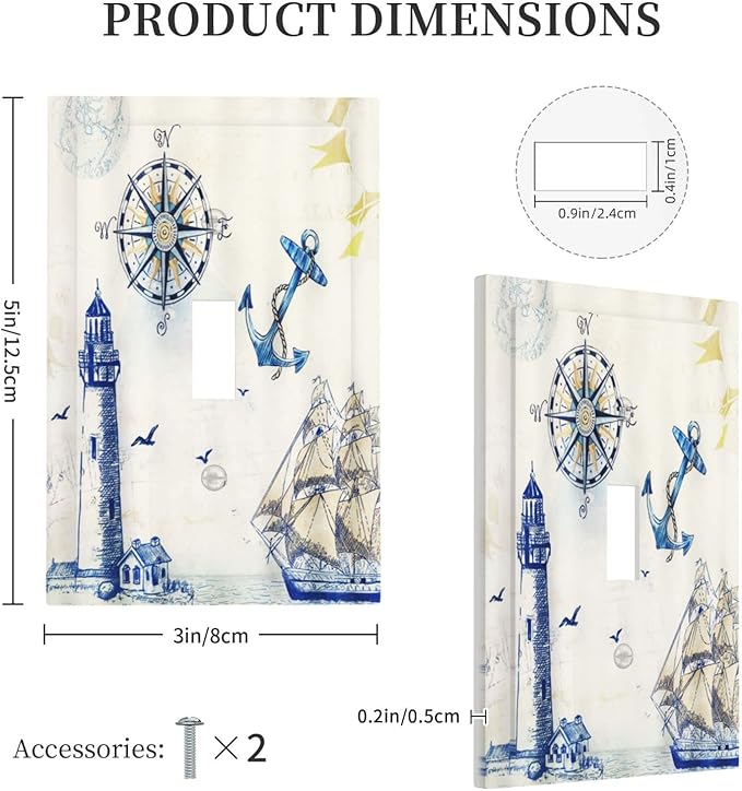 Nautical Sailboat Lighthouse Compass Anchor Single Toggle Light Switch Cover Plate Decorative 1 Gang Wall Plates Cover Rustic Electrical Device Switchplate Faceplate for Country Bathroom Decor
