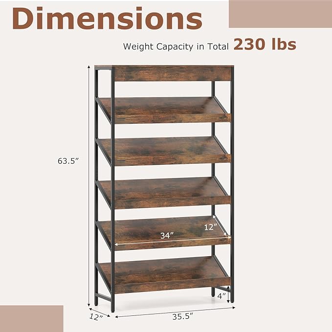 Tangkula 6-Tier Bookshelf, Tall Freestanding Bookcase with Angled Shelves, Industrial Display Rack Storage Organizer with Metal Frame & Anti-Tip Kits for Home Office Living Room (Rustic Brown, 63.5”H)