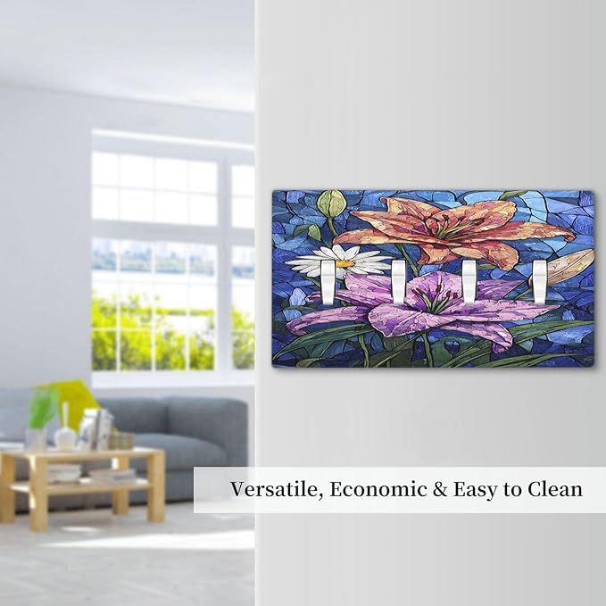 Light Switch Covers Vintage Colorful Flower Oil Painting Style Quad Toggle Electrical Faceplate 4 Gang Wall Plate Decorative Switch Plates for Bedroom Bathroom Decor