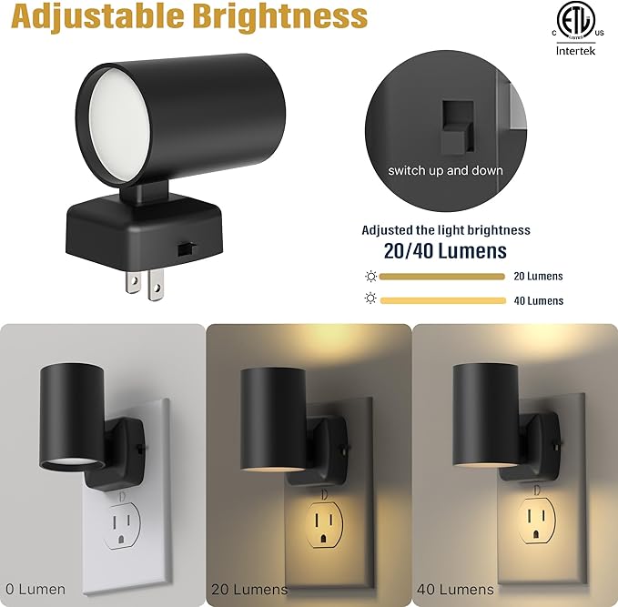 Led Night Light Plug in,Night Lights Plug into Wall Dusk to Dawn Sensor,20lm/40lm Adjustable Brightness,2700k Soft White,Dimmable Night Light for Hallway Bedroom Bathroom 4 Pack ETL-Certified