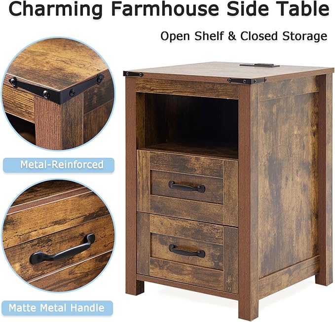 Brown Night Stand, Rustic End Table with Charging Station, Farmhouse Tall Nightstand for Bedroom, Drawer Dresser Bedside Table with Open Storage Shelf