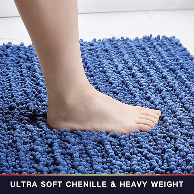 Walensee Large Bathroom Rug Non Slip Bath Mat (24x60 Inch Dark Blue) Water Absorbent Super Soft Shaggy Chenille Machine Washable Dry Extra Thick Perfect Absorbant Best Plush Carpet for Shower Floor