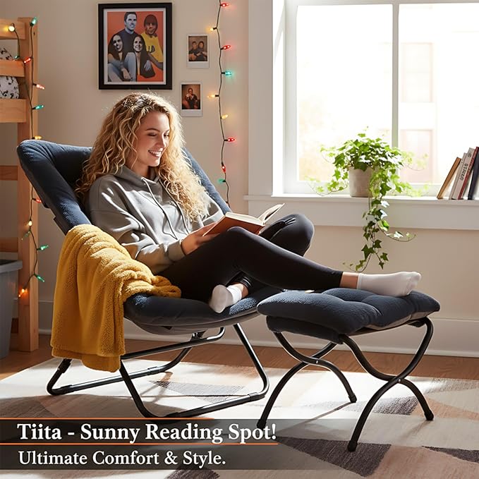 Tiita Folded Chair with Ottoman, Soft Faux Fur Oversized Folding Accent Chair,Lounge Lazy Chair, Metal Frame Moon Chair for Bedroom, Living Room, Dorm Rooms, Garden and Courtyard