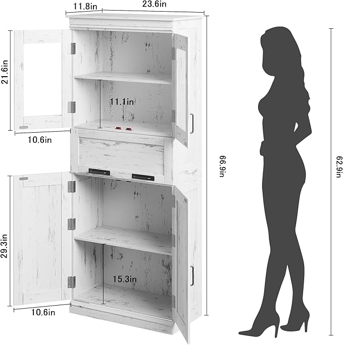 GarveeHome 67" Tall Bathroom Cabinet with 4 Doors & Flip Glass Drawer, Storage Cabinet with Adjustable Shelves, Freestanding Organizer for Kitchen, Living Room (Ivory)