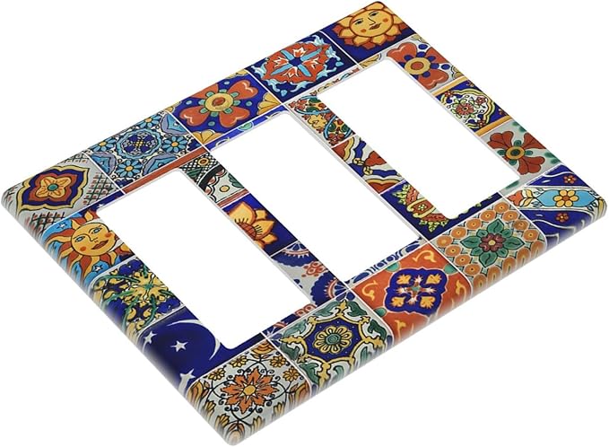 Light Switch Covers Mid Century Talavera Shaped Tiles 3 Gang Rocker Electrical GFCI Decorative Triple Outlet Wall Plate Cover Switchplate for Bedroom Bathroom Decor