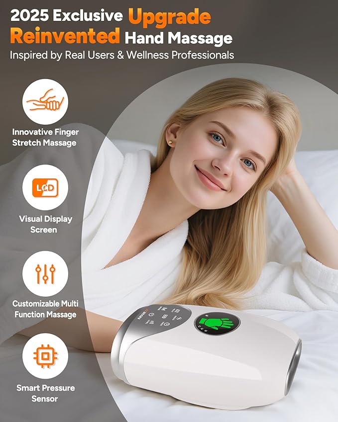 Hand Massager with Heat and Compression : Hand and Wrist Massager with Customizable Modes, Finger Stretch Function, Visual Display, Palm Roller - Daily Comfort for Women, Men, Home, Office Use