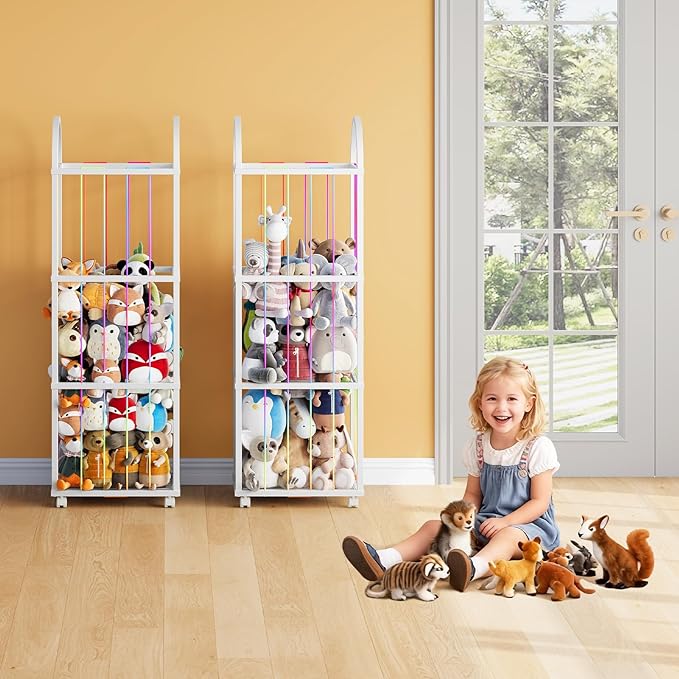 HOOBRO Stuffed Animal Storage, Kids Toy Zoo Storage Organizer with Wheels and Elastic Band, Large Stuffed Animals Holder for Nursery, Playroom, Living Room, White WT128CW01