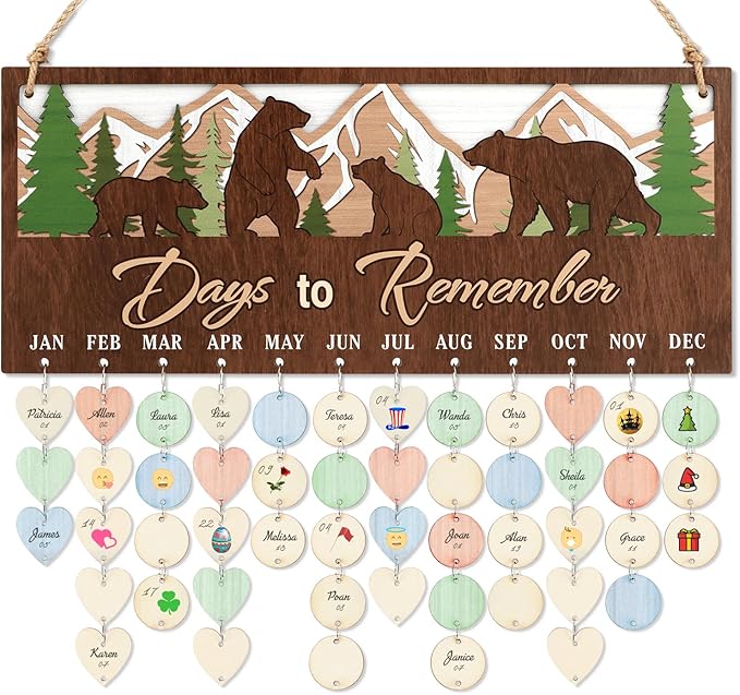 CHDITB 3D Days to Remember Birthday Calendar Wall Hanging(16”x7”), Woodland Bear Nursery Themed Family Birthday Reminder Tracker with Tags, Wooden DIY Gifts for Mother Grandma Friends Family