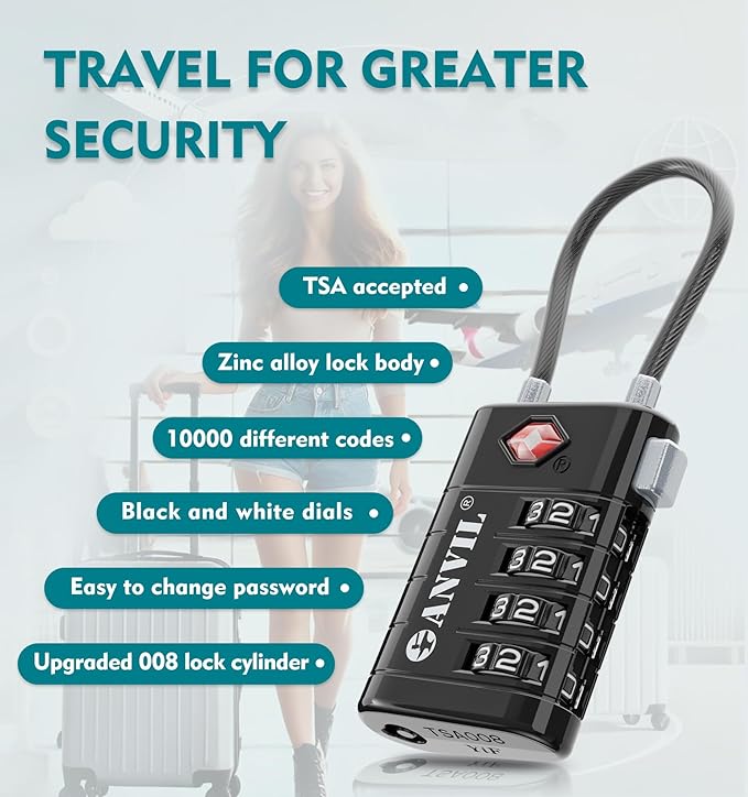 ANVIL TSA Approved Luggage Locks, 4 Digit Combination Travel Suitcase Locks with TSA008 Core and Open Alert Indicator, Zinc Alloy Body. (2, Black)