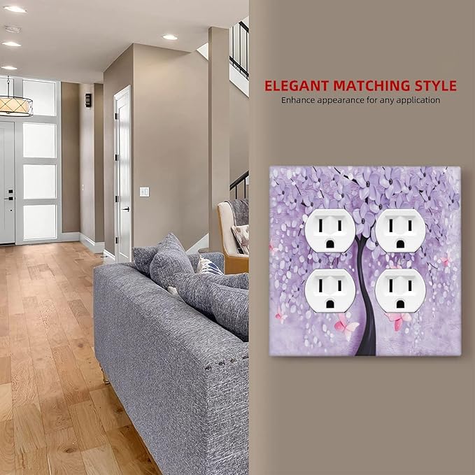 Decorative Light Switch Cover Plate 3d Purple Tree 2 Gang Socket Covers Double Duplex Wallplates Switch Plates and Outlet Covers for Bedroom Bathroom Decor