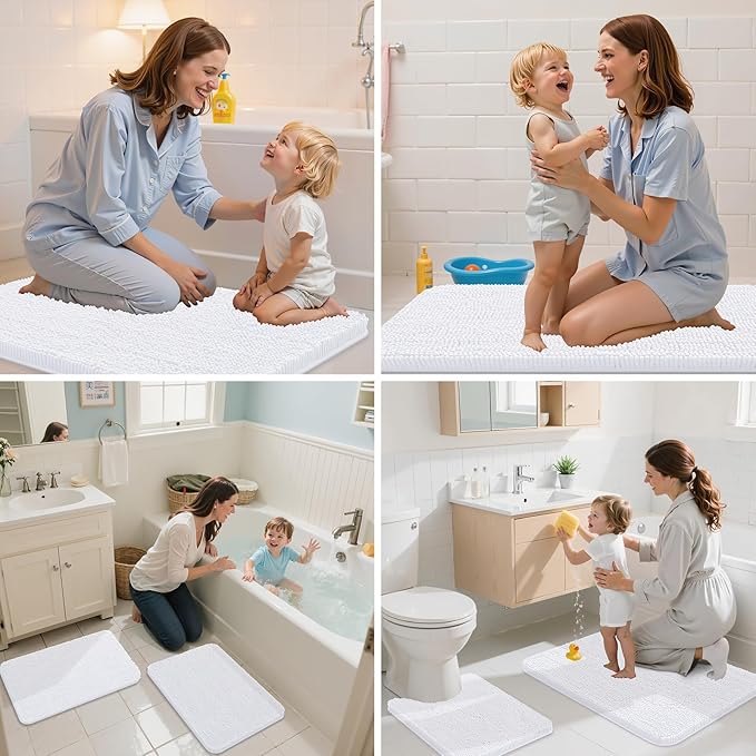 Arotive Bathroom Rugs 24x16, Extra Soft Absorbent Shaggy Chenille Bath Rugs, Machine Washable Rubber Backing Non-Slip Bath Mats for Bathroom Floor Tub and Shower, Home Decor Accessories, White