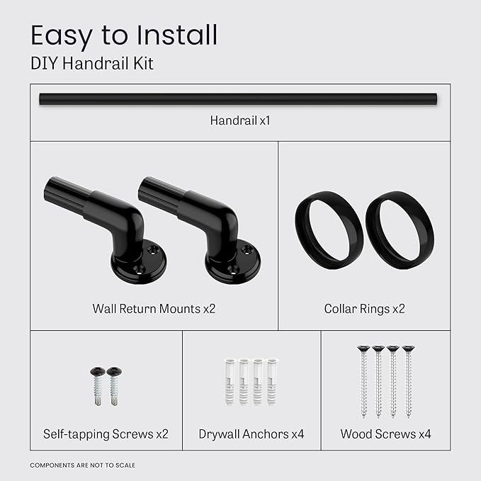 Meranti Aluminum Handrail for Stairs - ADA Compliant Wall Returns - Handrails for Indoor Stairs - Metal Handrail, Powder Coated for Outdoor Environment, DIY Handrail Kit (WHR, Black, 5' Length)