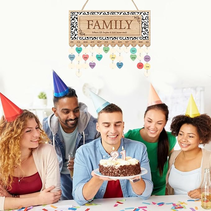 KAlRNE Family Birthday Reminder Board,Birthday Calendar Hanging Wooden Plaques,Rustic Calendar with 100 Tags,Hollow-Out Design Farmhouse Reminder Wood Board,Gifts for Mom Nana Parents Grandparents