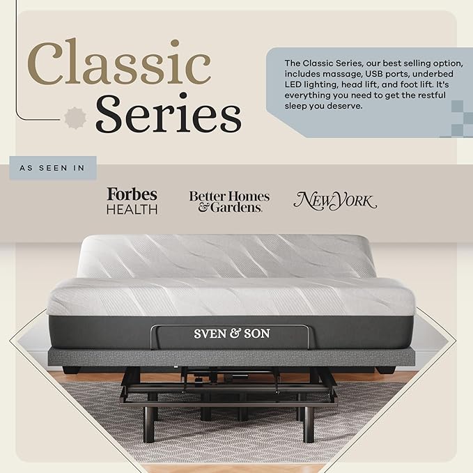 Sven & Son Classic Adjustable Bed Base, Head and Foot Lift, Massage, Under-Bed Lights, USB, Gel Memory, Zero Gravity Smart Frame - King + 14 inch Hybrid Spring Matt (Medium Soft)