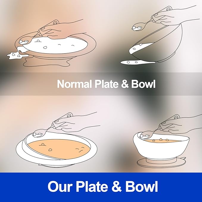 Hushee Adaptive Spill Proof Scoop Bowl and Plate Set with Suction Base Non Skid Self Feed Dinnerware for Elderly Disabled Handicapped from Parkinsons, Dementia, Stroke, Tremor(3 Sets,White)