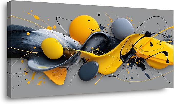 Yellow Abstract Splash Pigment Wall Art for Bedroom Canvas Painting Prints Dynamic Art Deco Gray Vibrant Artwork Office Family Decor