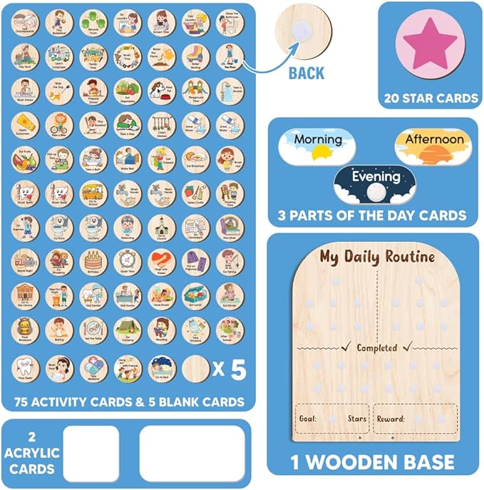 Wooden Daily Routine for Kids, Star Reward Jar for Toddlers, Chore Chart for Kids with Star Jar, Behavior Reward Jar for Toddlers Boys Girls