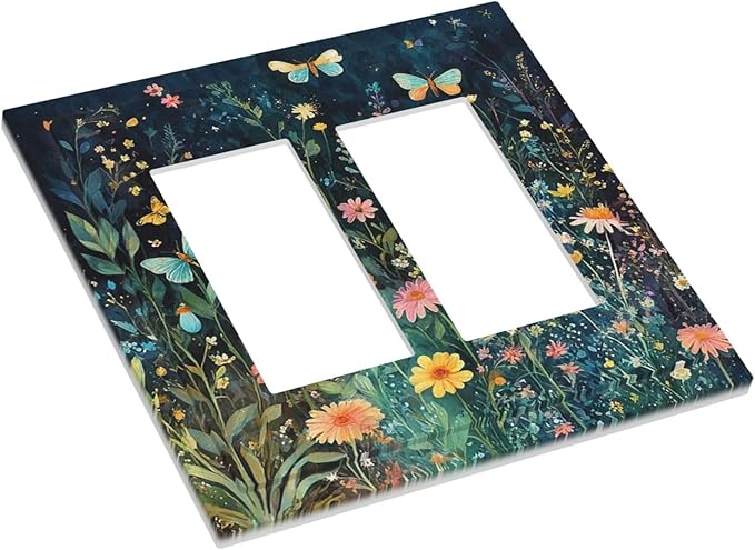Decorative Outlet Covers Boho Vintage Floral Flower Butterfly 2 Gang Double GFCI Rocker Electrical Wall Panels Light Switch Cover Plate for Bedroom Home Decor