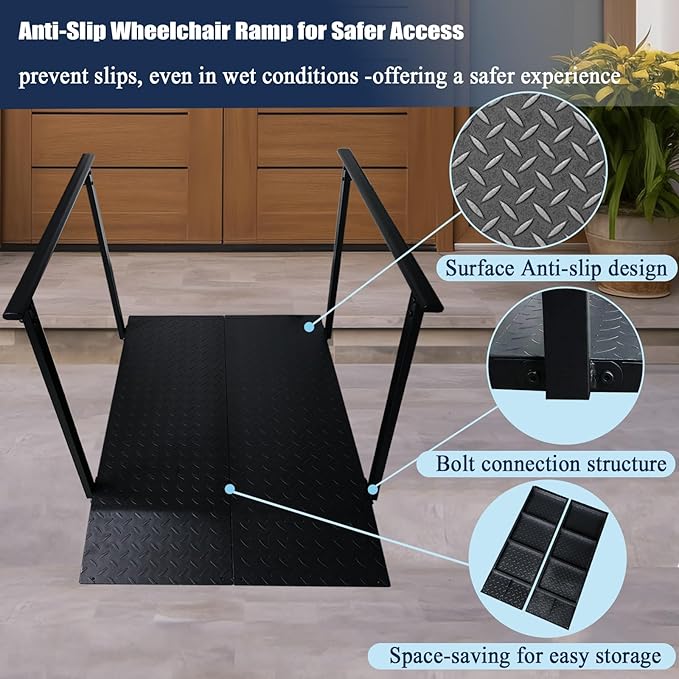 4FT Wheelchair Ramp with Handrails, Non-Slip Iron Handicap Ramps for Steps, Threshold Ramp for Home Entry Stairs Curbs, Heavy Duty Ramp 1000 Lbs Capacity