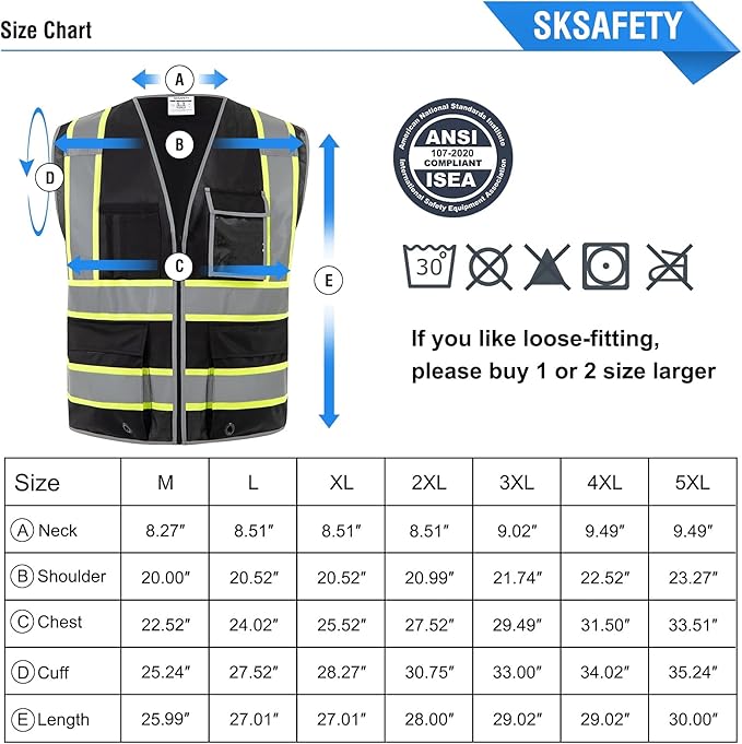 SKSAFETY 10 Pockets Safety Vest, Class 2 High Visibility Security with Zipper, Hi Vis Vest with Reflective Strips, ANSI/ISEA Standard, Construction Work Vest for Men ＆ Women （Black, 5XL）