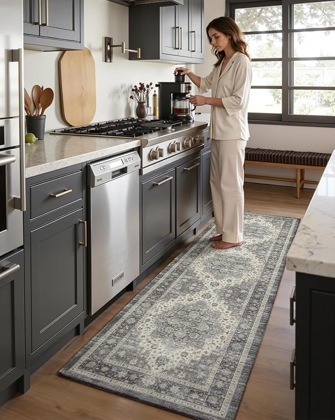 DEXI Kitchen Floor Mats Anti Fatigue, 23x86 Large Long Cushioned Vintage Runner Rug Waterproof, Standing Comfort Memory Foam Padded for Front Sink Laundry Office, Dark Grey