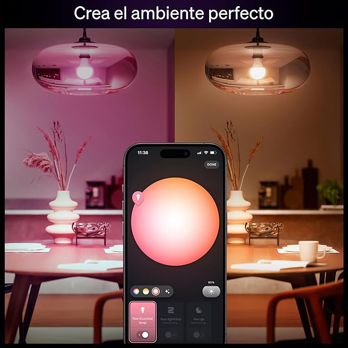 Philips Hue Essential Smart LED A19 Bulb, White and Color Ambiance, E26 Base, 8.8W, 2200K-6500K, 800 Lumens, Dimmable, Works with Alexa, Google, and Apple Home, 1-Pack