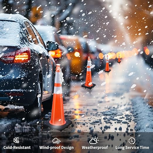 (4 Cones) BESEA 36” inch Orange PVC Traffic Cones, Black Base Construction Safety Cones Road Parking Cone Structurally Stable Wearproof (36" Height)