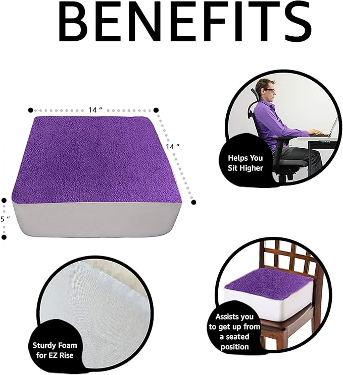 Comfort Finds Rise with Ease Seat Cushion - Thick Firm Chair Cushion Booster - Extra Thick Foam Pad for Home, Patio, Office and Car Seats - Extra Supportive Lift - 14 X 14 X 5 (Purple Fleece)