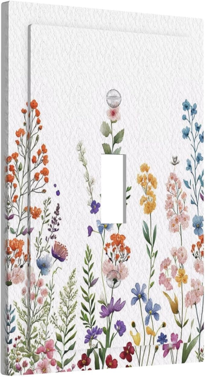 Rustic Wild Floral Vintage Colorful Flowers Single Toggle Light Switch Covers Decorative 1 Gang Wall Plate Electrical Device Switchplate Dimmer Faceplate for Bathroom Decor