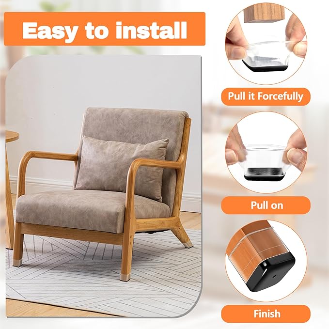 16 Pcs Chair Leg Sliders for Carpet Rug, Square Chair Glides, Silicone Furniture Leg Protectors Caps Kitchen Table Feet Covers with Plastic Pads, No Scratches (Fit:1-1/2"~1-3/4", Clear)