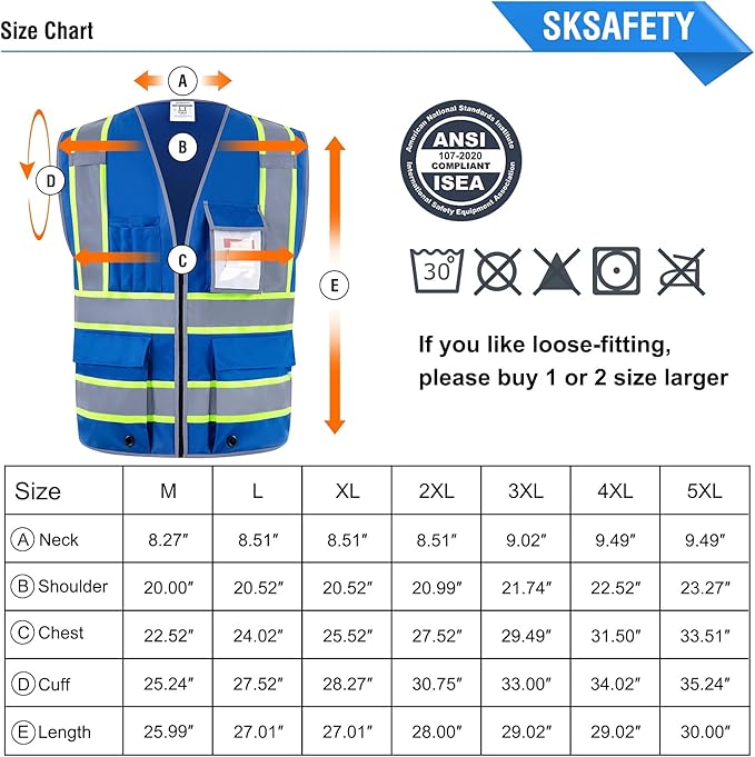 SKSAFETY 10 Pockets Safety Vest, Class 2 High Visibility Security with Zipper, Hi Vis Vest with Reflective Strips, ANSI/ISEA Standard, Construction Work Vest for Men ＆ Women （Blue, M）