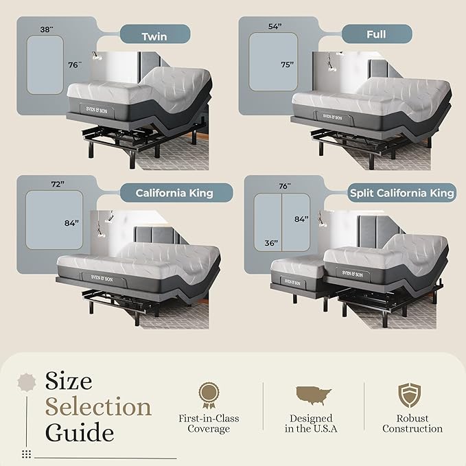 Sven & Son Classic Adjustable Bed Base, Head and Foot Lift, Massage, Under-Bed Lights, USB, Gel Memory, Zero Gravity Smart Frame - Full + 12 inch Memory Foam Matt (Medium)