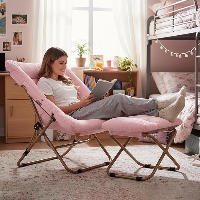 Tiita Folded Chair with Straight Ottoman, Soft Faux Fur Oversized Folding Accent Chair,Lounge Lazy Chair, Metal Frame Moon Chair for Bedroom, Living Room, Dorm Rooms, Garden and Courtyard, Pink
