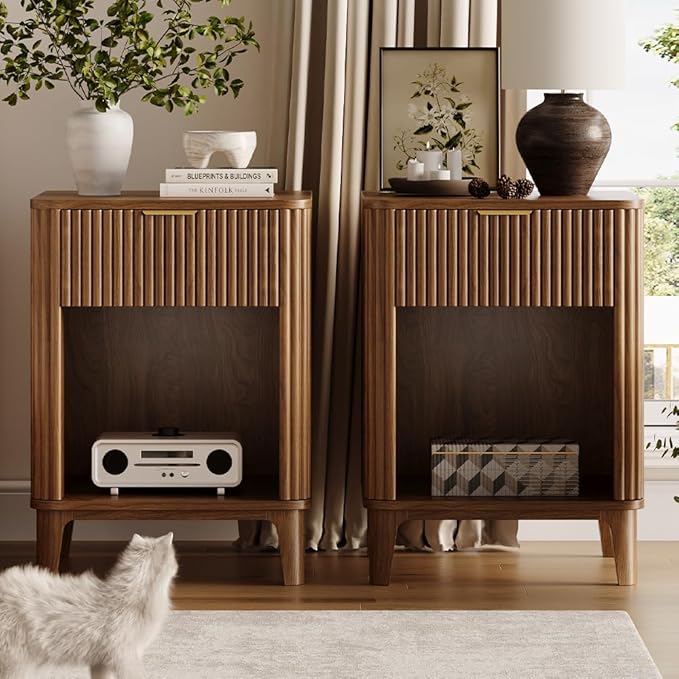 Mid Century Modern Night Stand Set of 2, Large Bedside Table Set of 2 with Drawer and Storage Shelf, Fluted Nightstands Rustic Wood End Table for Living Room Walnut