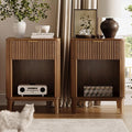 Mid Century Modern Night Stand Set of 2, Large Bedside Table Set of 2 with Drawer and Storage Shelf, Fluted Nightstands Rustic Wood End Table for Living Room Walnut