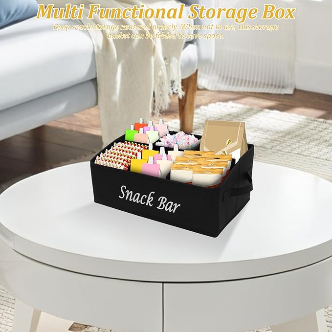 Snack Organizer for Countertop, 6 Compartment Snack Basket Container, Trapezoid Fabric Snack Bin Holder with Side Handles,Lightweight Snack Bar Station Organizer, Kitchen Pantry Storage (Black)